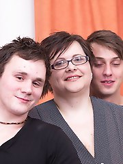 Two naughty boys doing a horny chubby huge breasted mature lady